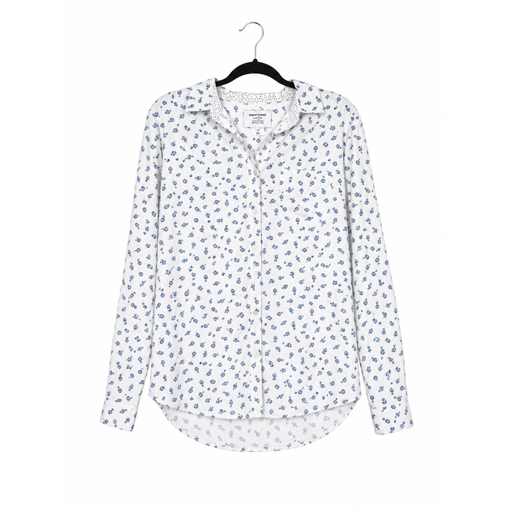 Paperdenim & cloth Mens Lge White Blue Pineapple Print Stretch Button Down Shirt